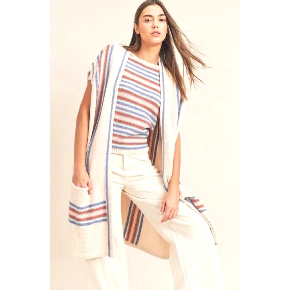 Sadie & Sage Womens S Cream Striped Knit Long Duster Cardigan Sweater Boho